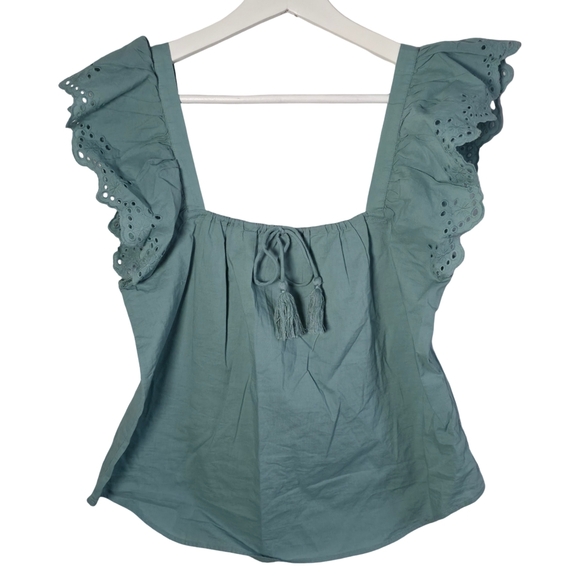 RW&CO. Tops - RW&CO Sage Green Cotton Eyelet Ruffle Sleeve Blouse Square Neck Top M